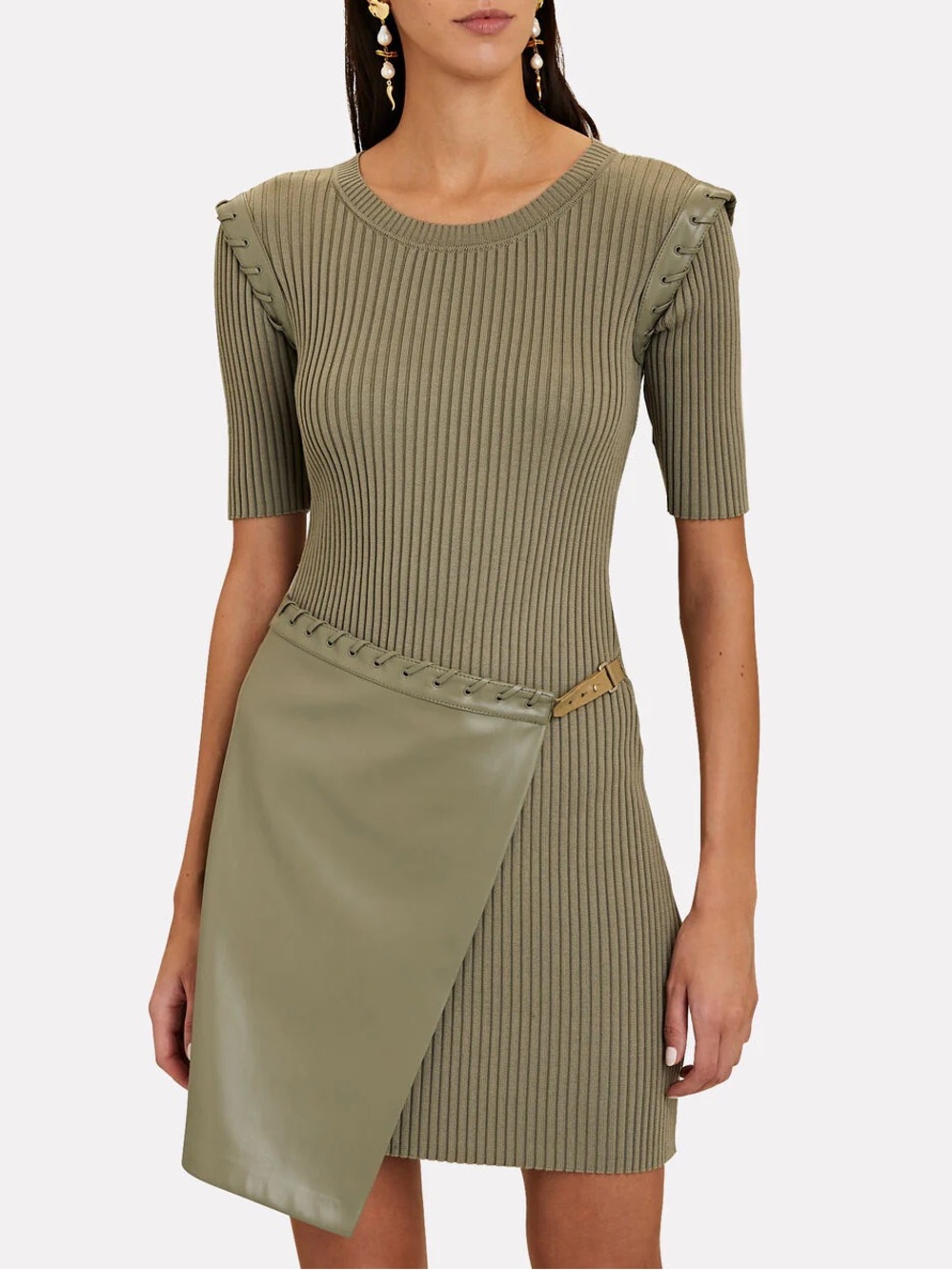Simkhai Ribbed Olive Green Knit Dress with Faux Leather Wrap Panel size XS